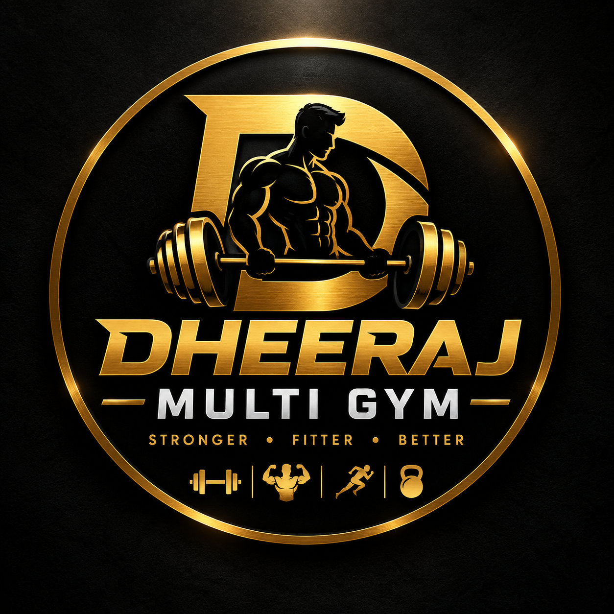 Dheeraj Multi Gym premium gold and black fitness logo with a muscular athlete lifting a barbell